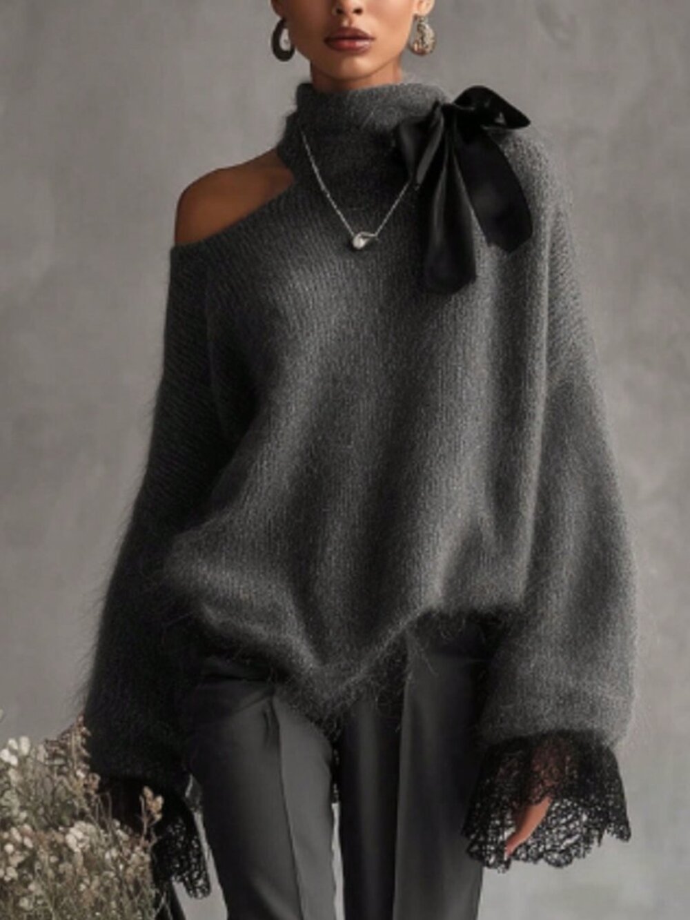 Grey Casual Women's High Neck Open Shoulder Sweater With Bowknot Lace details